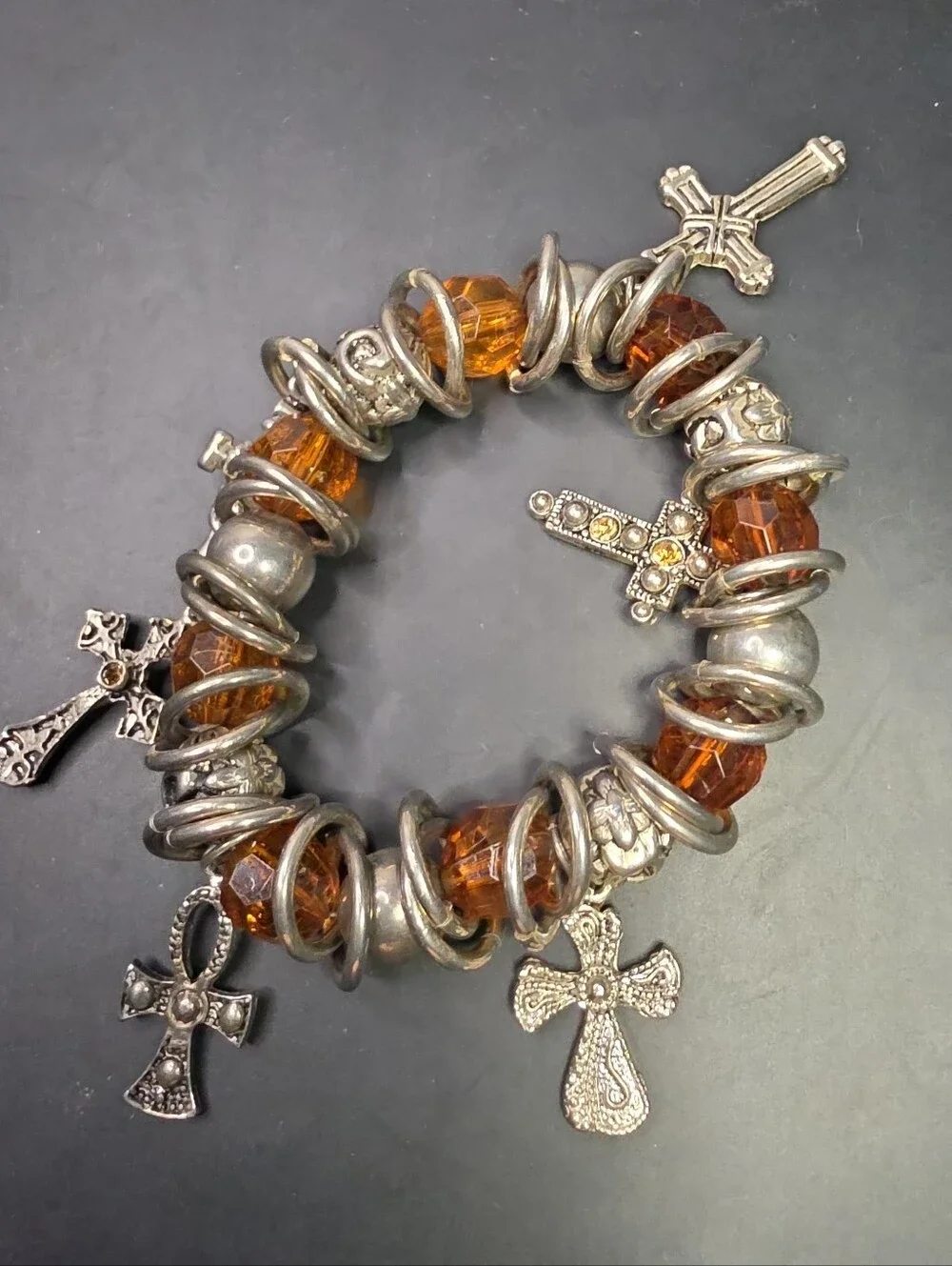 Amber Glass Bead Cross Charm Stretch Bracelet - Women Jewelry